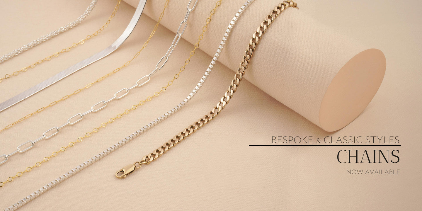 Range of Jewellery Chains including Box chain, curb chain, paperclip chain, herringbone chain, byzantine chain, and gold filled chains