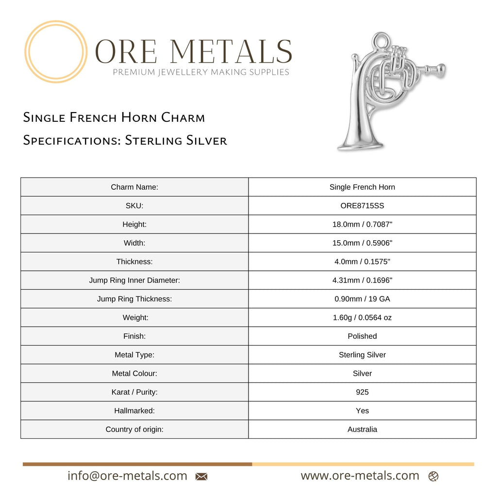 925 Sterling Silver - Single French Horn Charm
