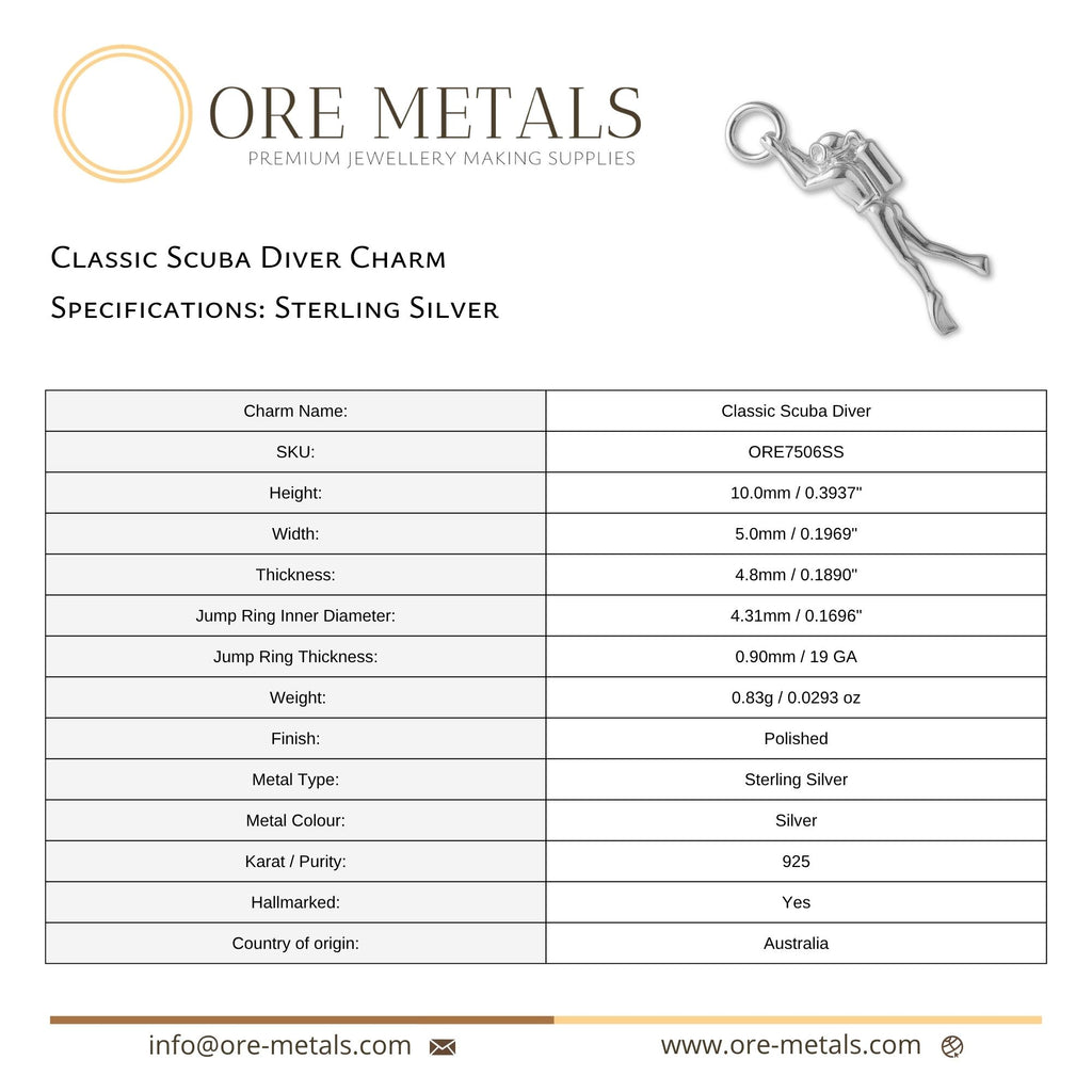 925 Sterling Silver - Classic Scuba Diver Charm