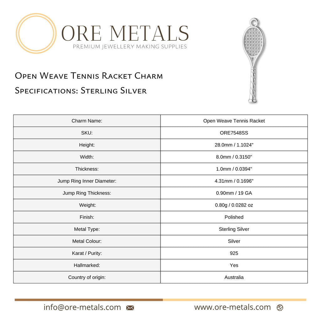 925 Sterling Silver - Open Weave Tennis Racket Charm