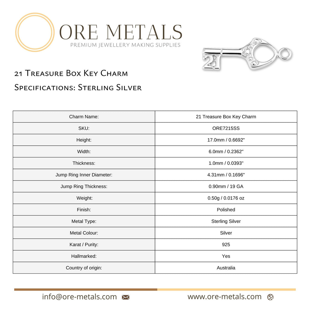 925 Sterling Silver - 21 Treasure Box Key Charm