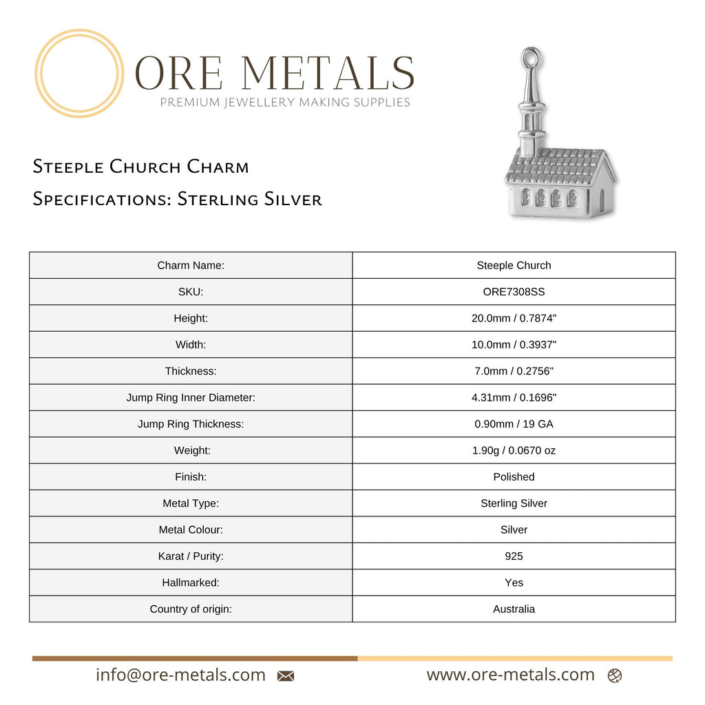 925 Sterling Silver - Steeple Church Charm