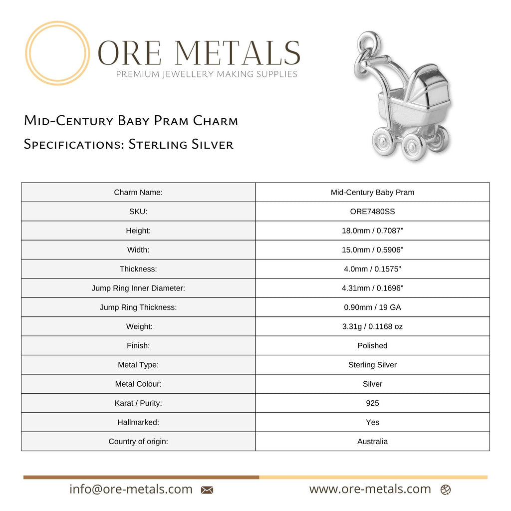 925 Sterling Silver - Mid–Century Baby Pram Charm
