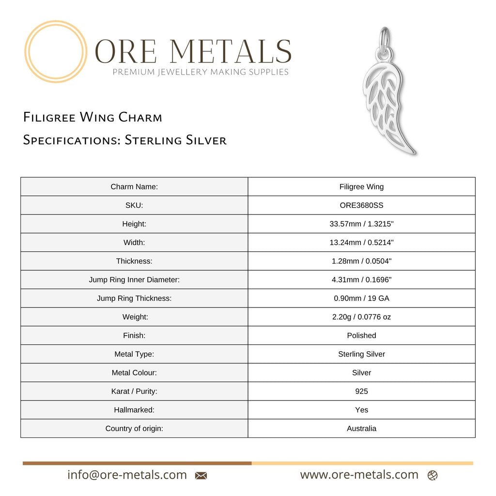 925 Sterling Silver - Filigree Wing Charm