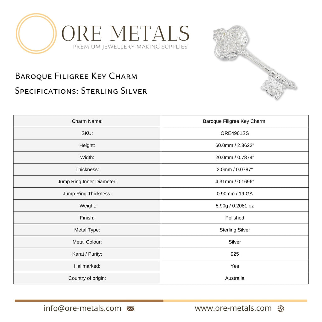 925 Sterling Silver - Baroque Filigree Key Charm