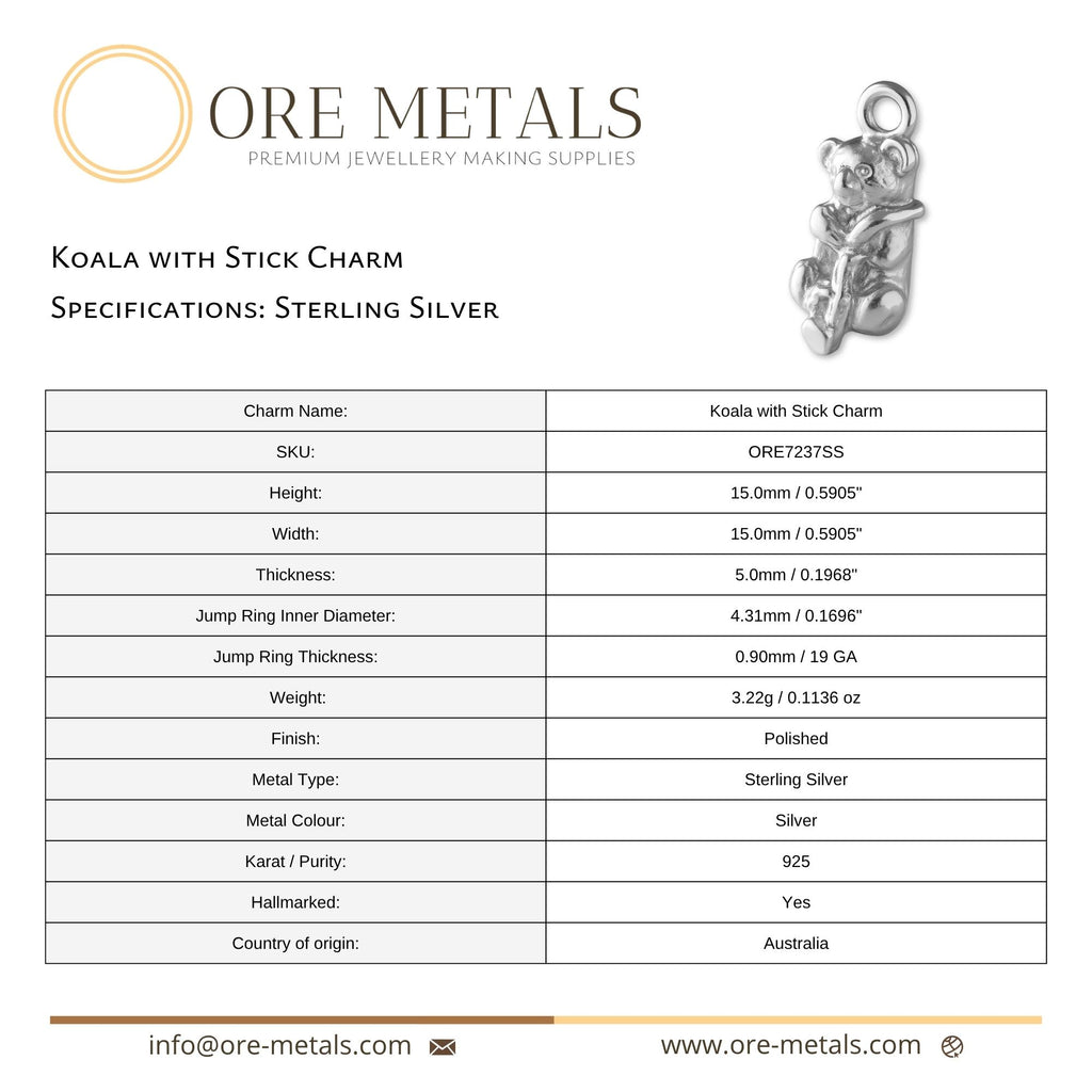 925 Sterling Silver - Koala with Stick Charm