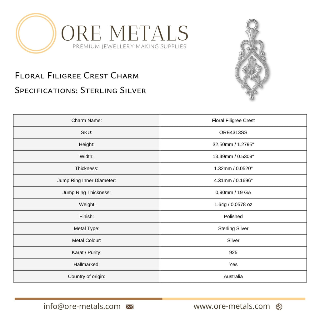 925 Sterling Silver - Floral Filigree Crest Charm