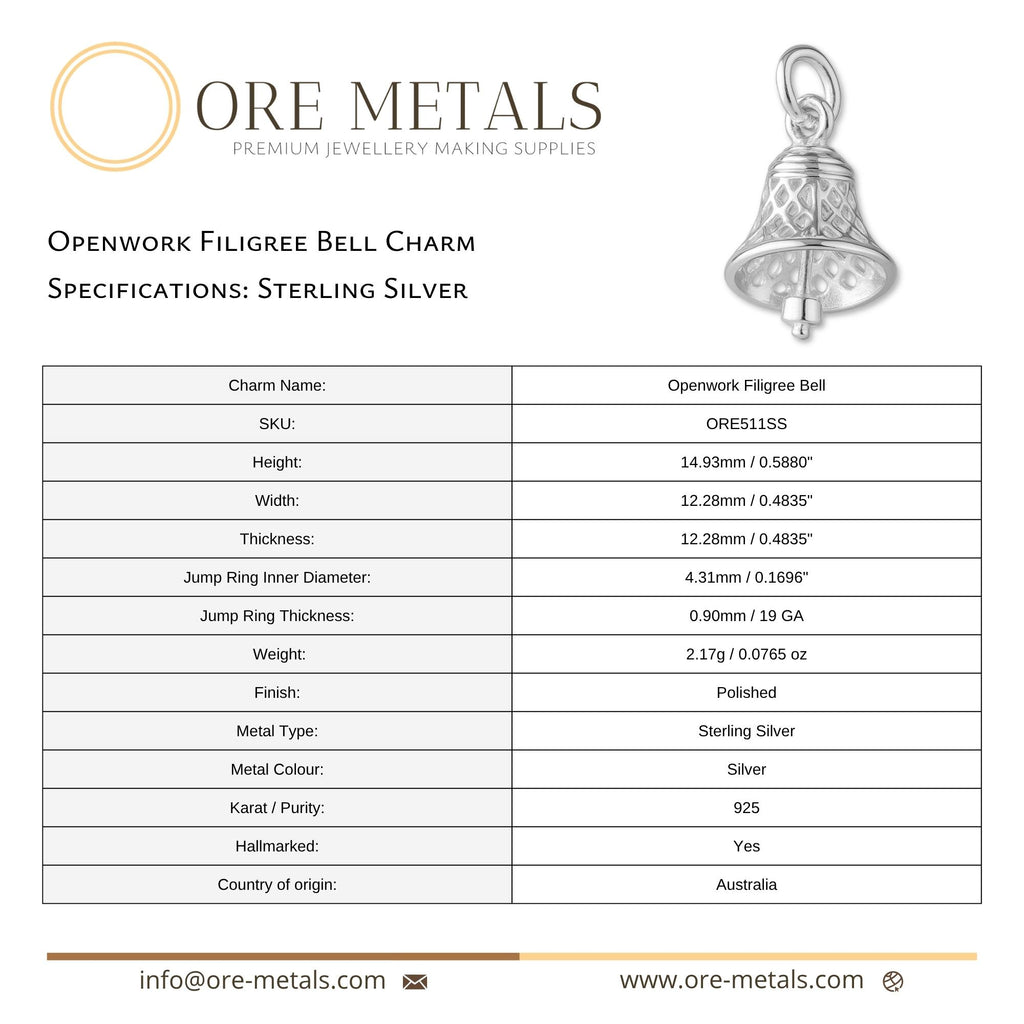 925 Sterling Silver - Openwork Filigree Bell Charm