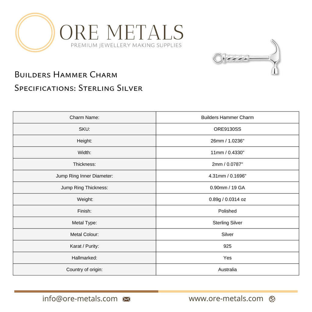 925 Sterling Silver - Builders Hammer Charm