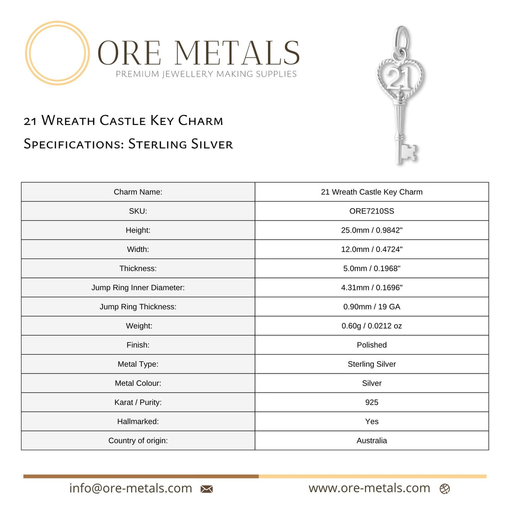 925 Sterling Silver - 21 Wreath Castle Key Charm