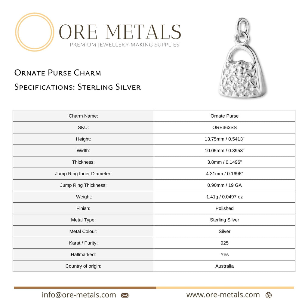 925 Sterling Silver - Ornate Purse Charm