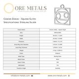 925 Sterling Silver - Cancer Zodiac Square Charm