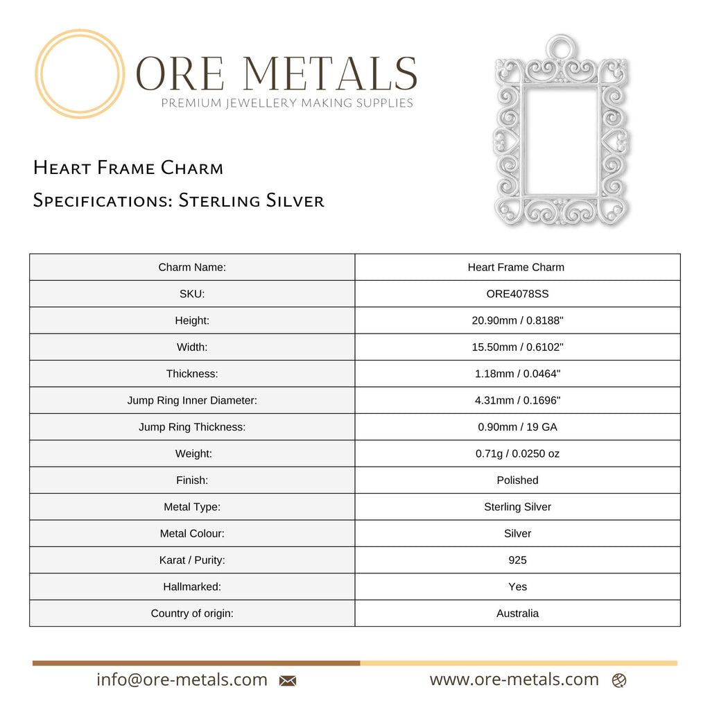 925 Sterling Silver - Heart Frame Charm