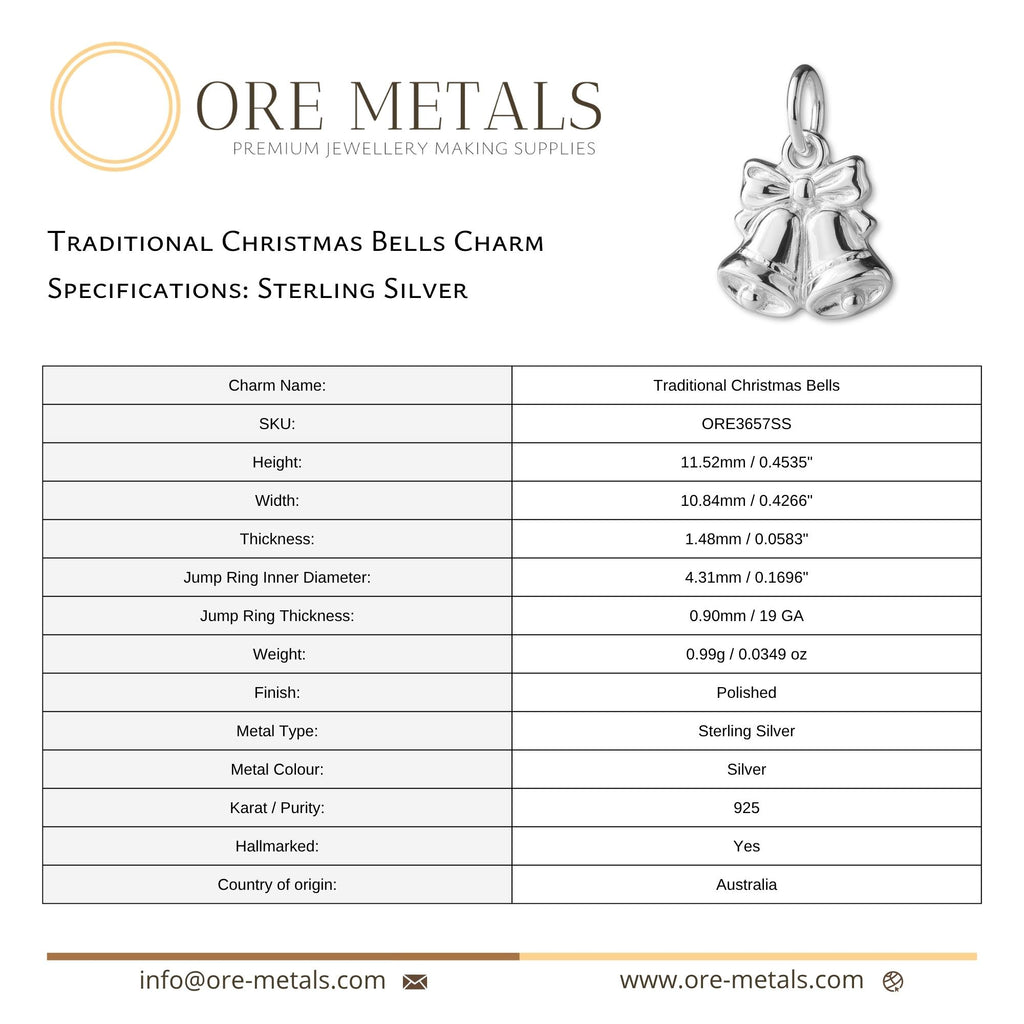 925 Sterling Silver - Traditional Christmas Bells Charm