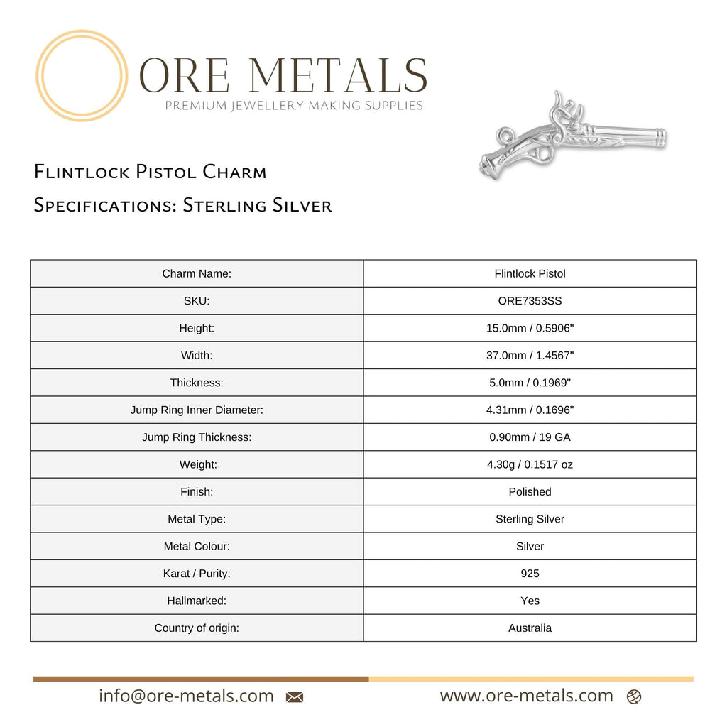 925 Sterling Silver - Flintlock Pistol Charm
