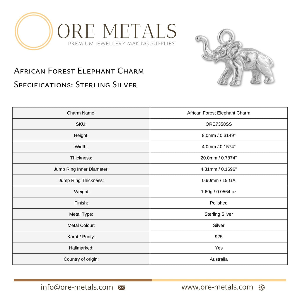925 Sterling Silver - African Forest Elephant Charm