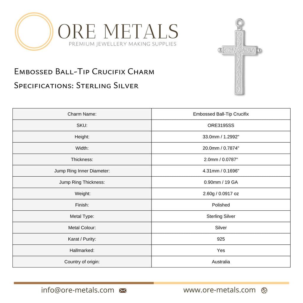 925 Sterling Silver - Embossed Ball Tip Crucifix Charm