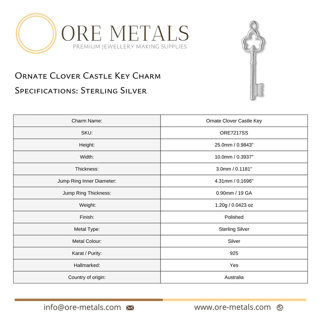 925 Sterling Silver - Ornate Clover Castle Key Charm