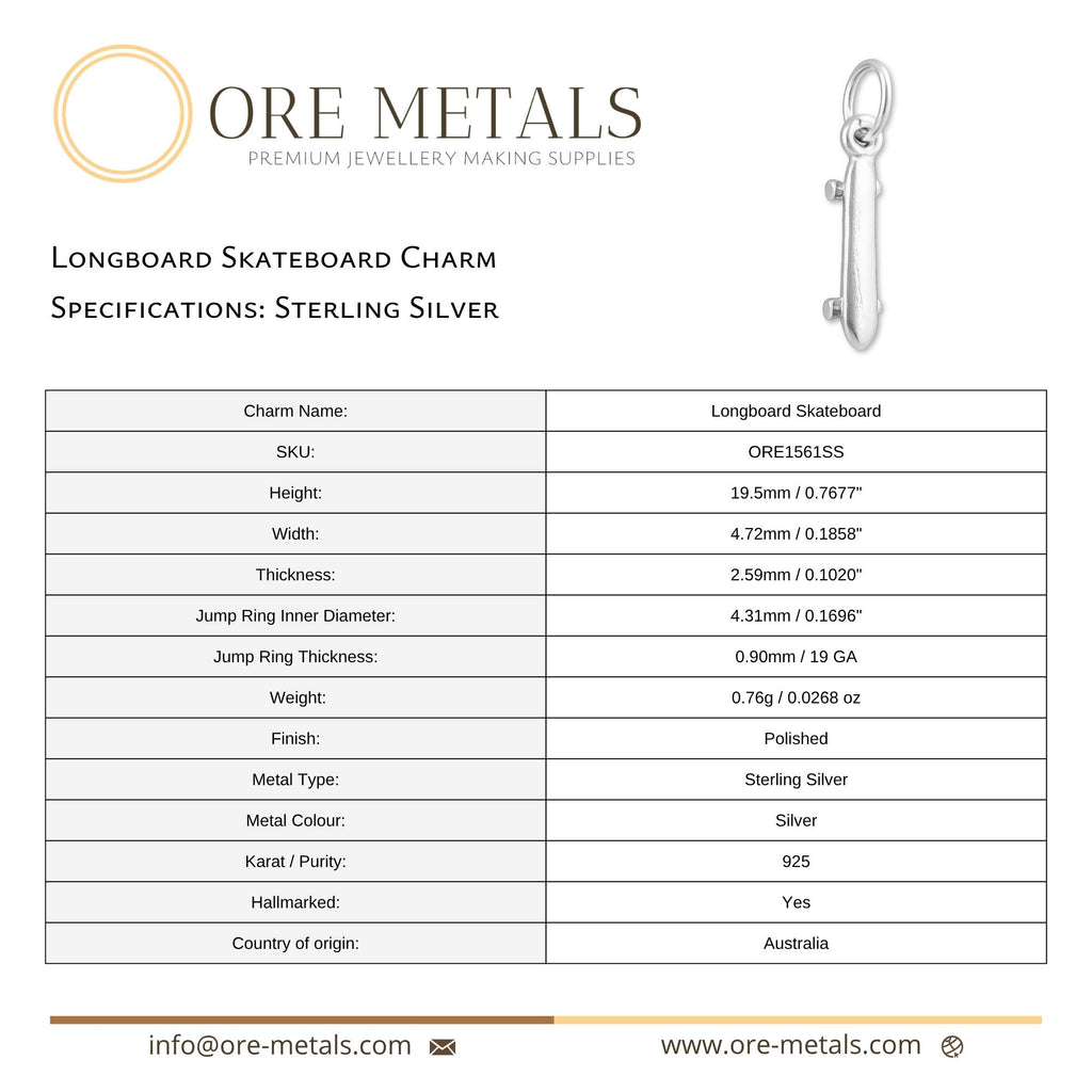 925 Sterling Silver - Longboard Skateboard Charm