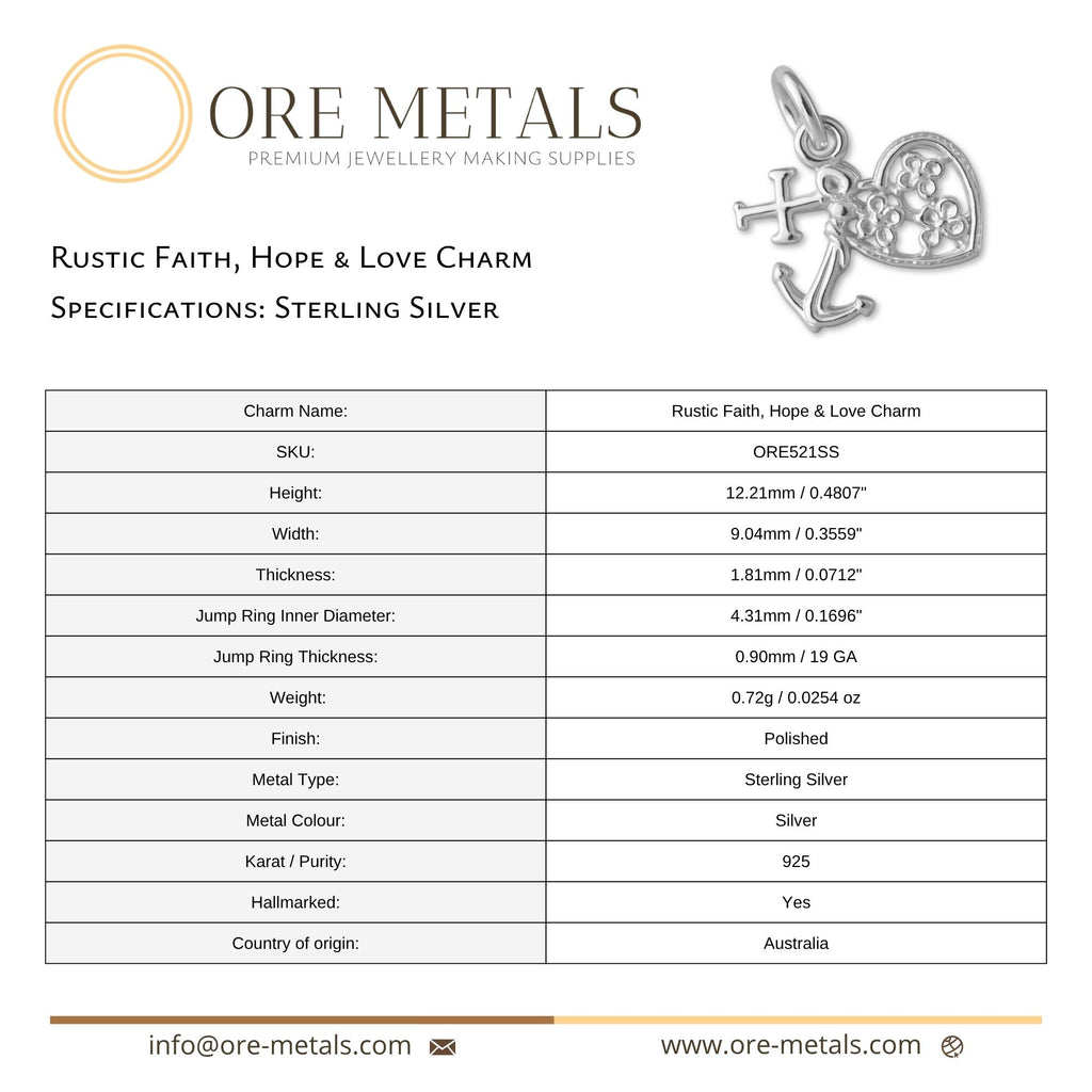 925 Sterling Silver - Rustic Faith, Hope & Love Charm