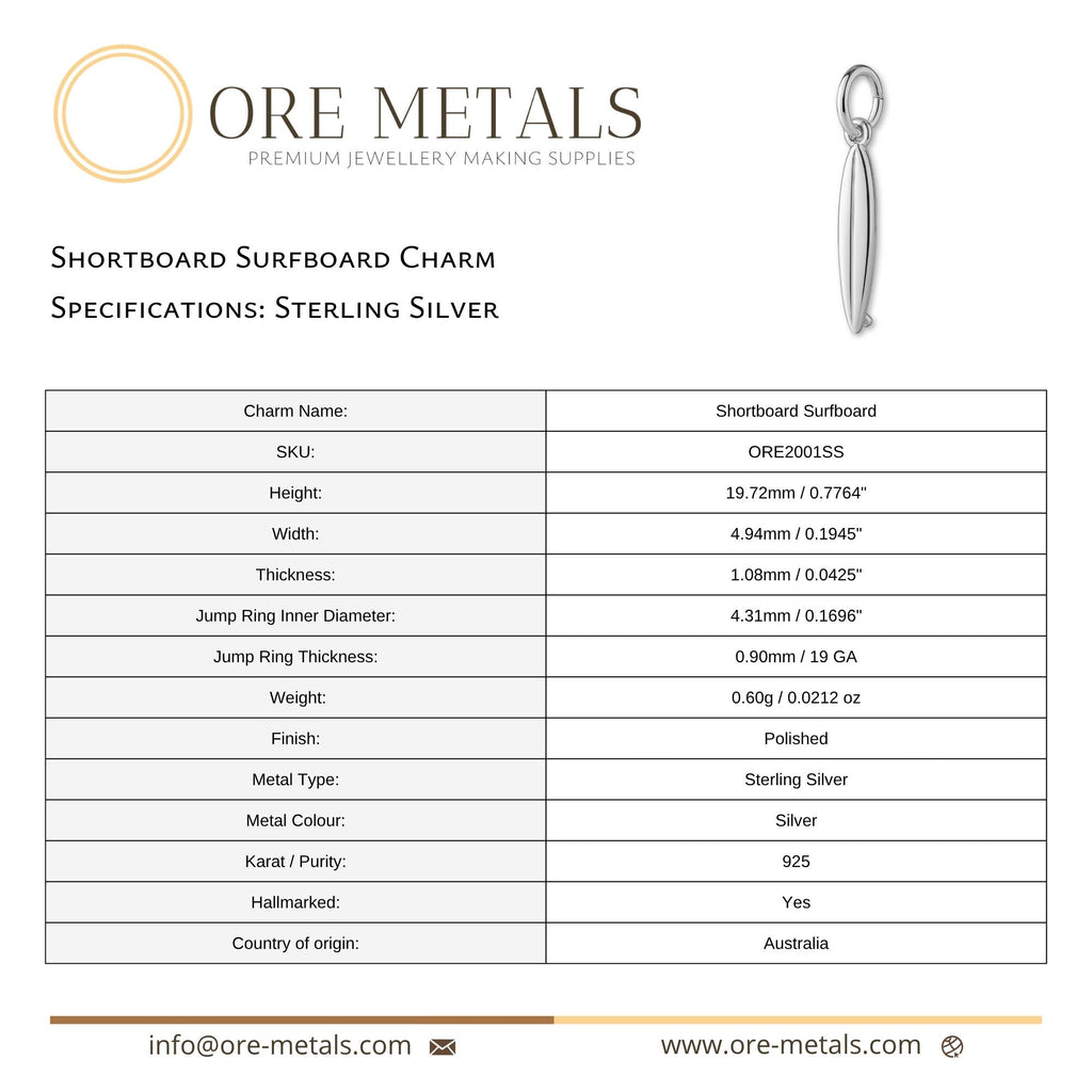 925 Sterling Silver - Shortboard Surfboard Charm