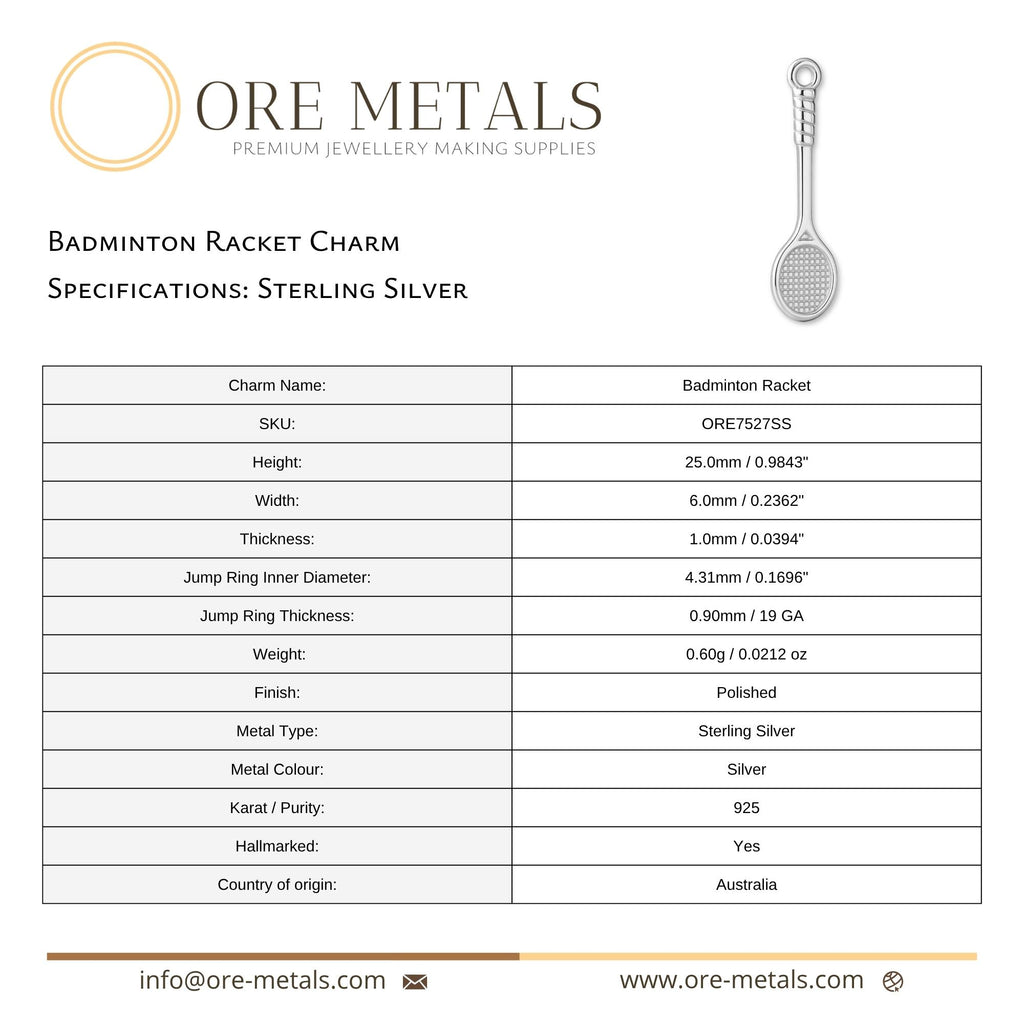 925 Sterling Silver - Badminton Racket Charm