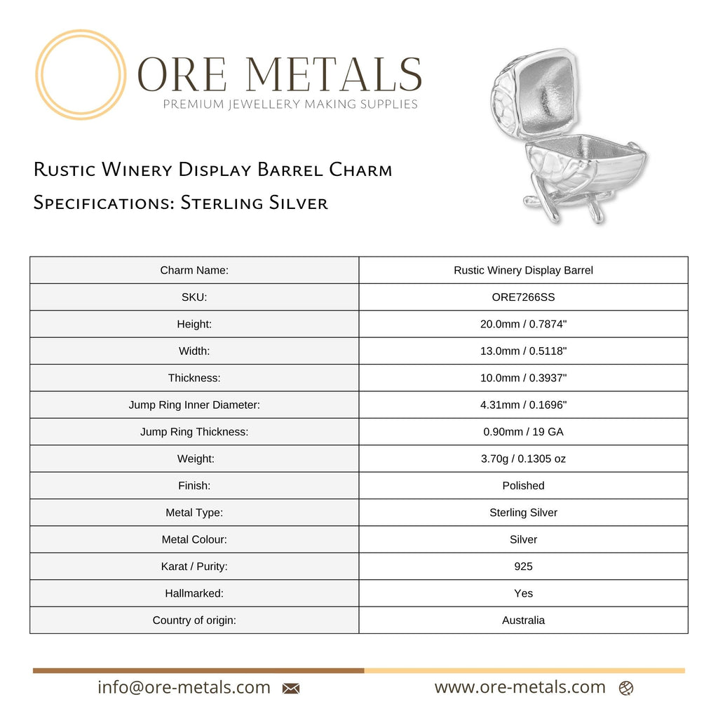 925 Sterling Silver - Rustic Winery Display Barrel Charm