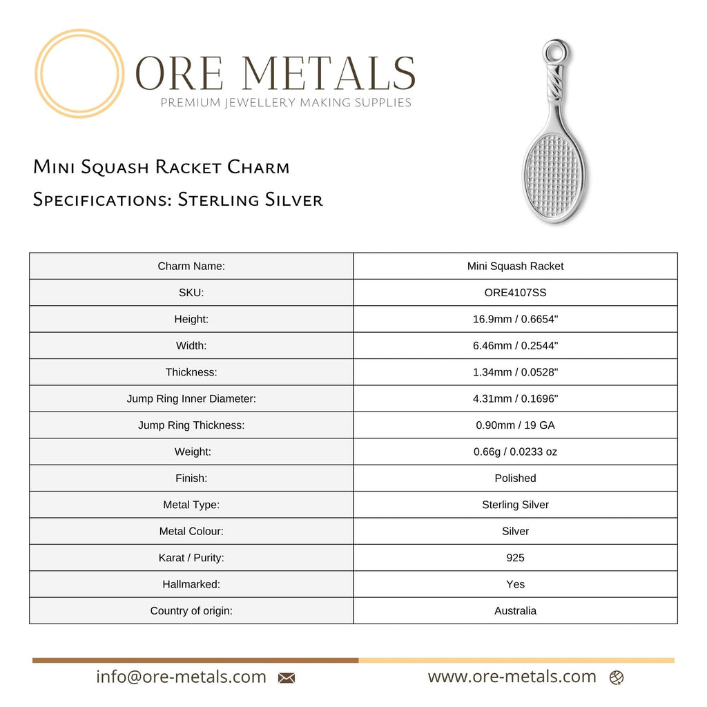 925 Sterling Silver - Mini Squash Racket Charm