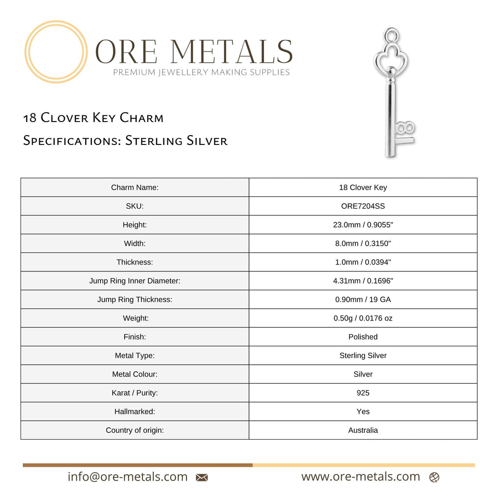 925 Sterling Silver - 18 Clover Key Charm