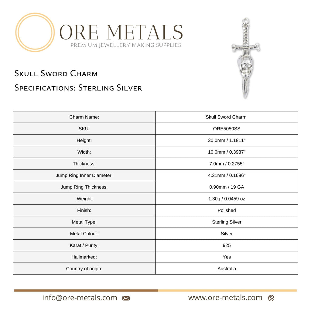925 Sterling Silver - Skull Sword Charm