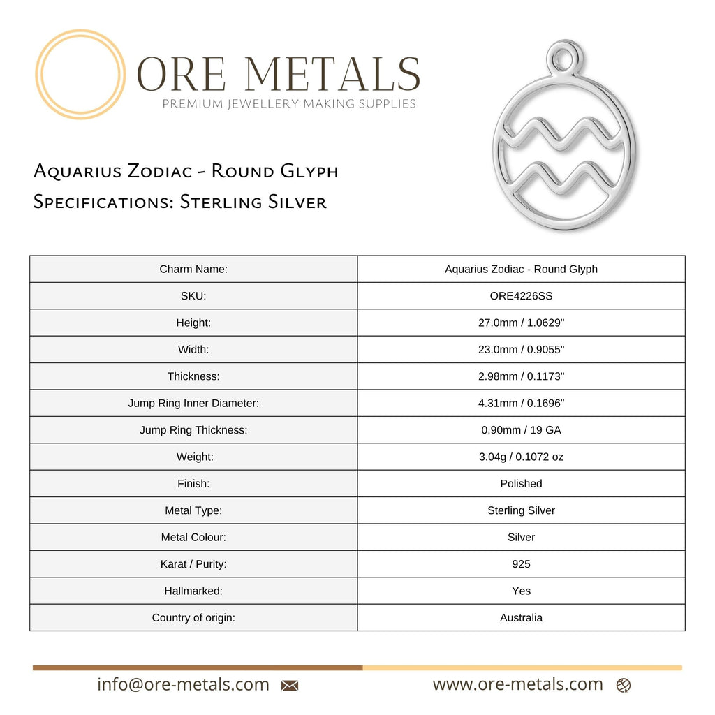 925 Sterling Silver - Aquarius Zodiac Round Charm