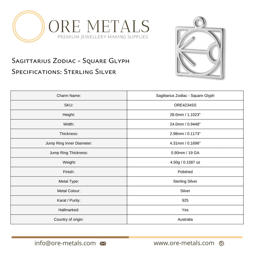 925 Sterling Silver - Sagittarius Zodiac Square Charm