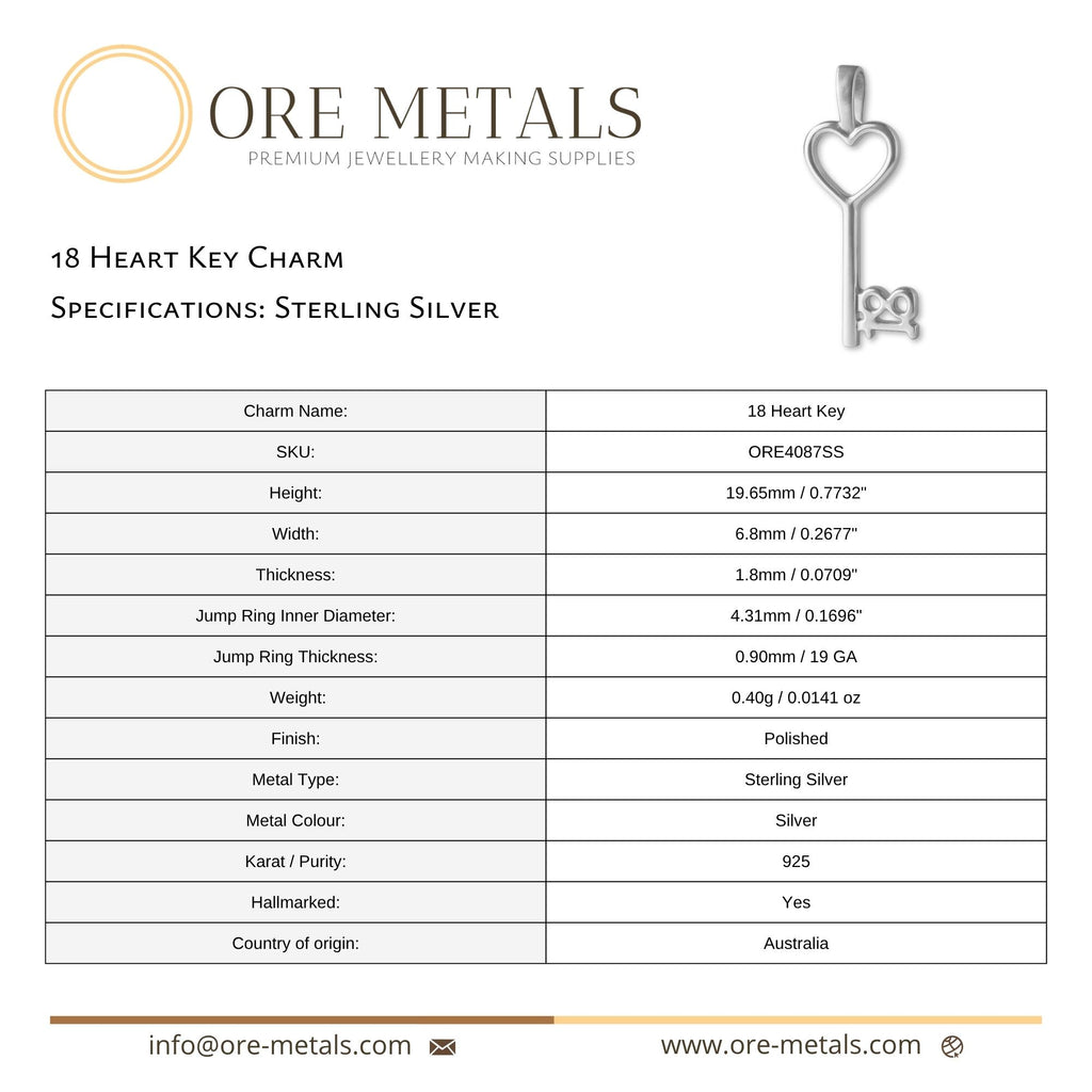 925 Sterling Silver - 18 Heart Key Charm