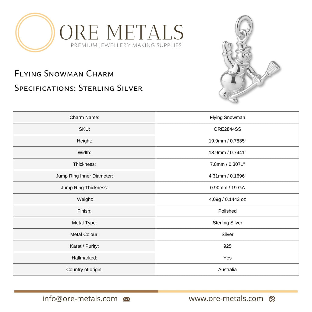 925 Sterling Silver - Flying Snowman Charm