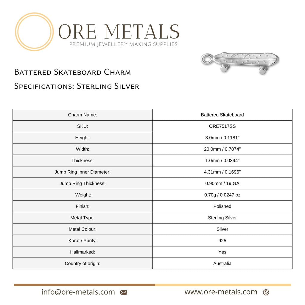 925 Sterling Silver - Battered Skateboard Charm