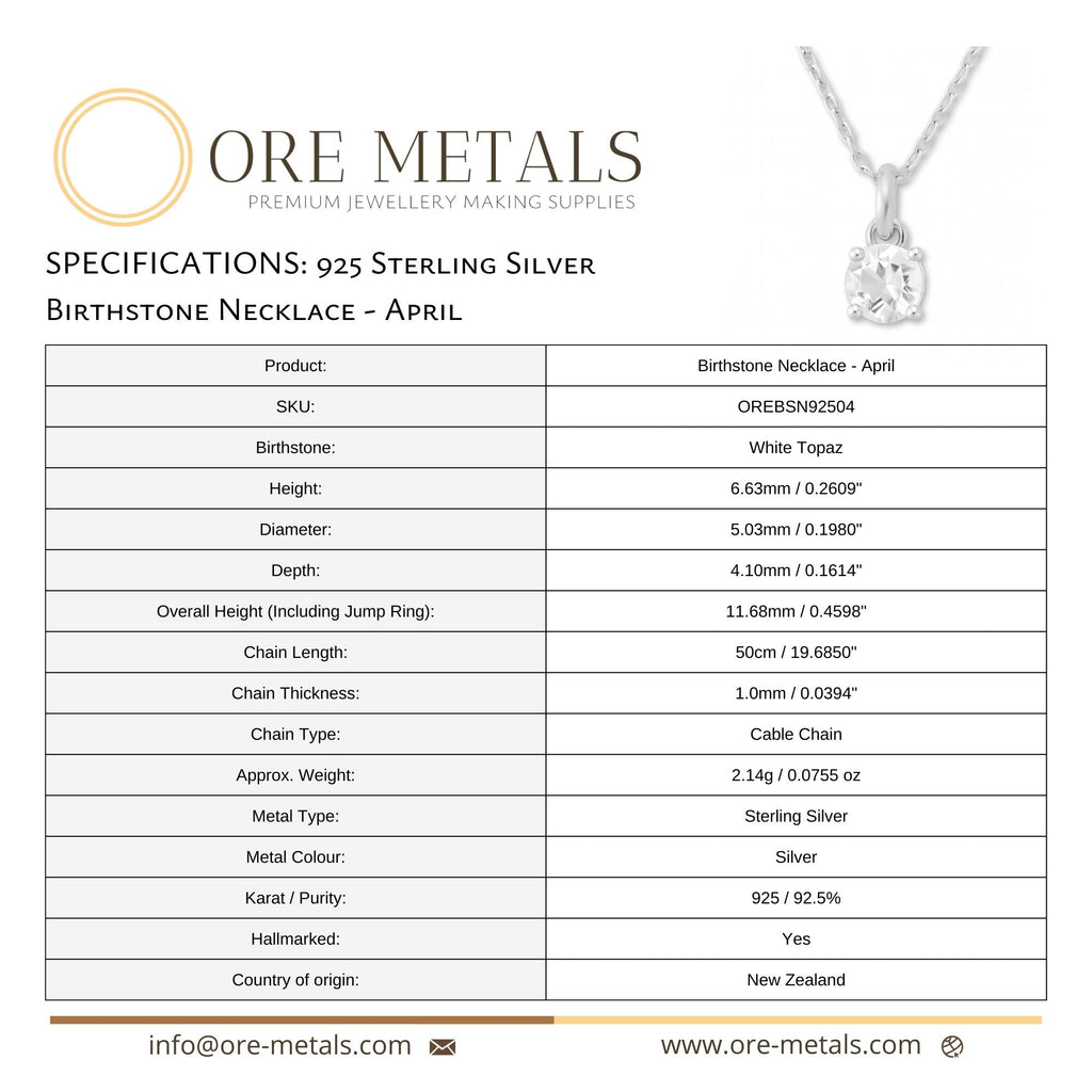 925 Sterling Silver - April Birthstone Necklace | White Topaz