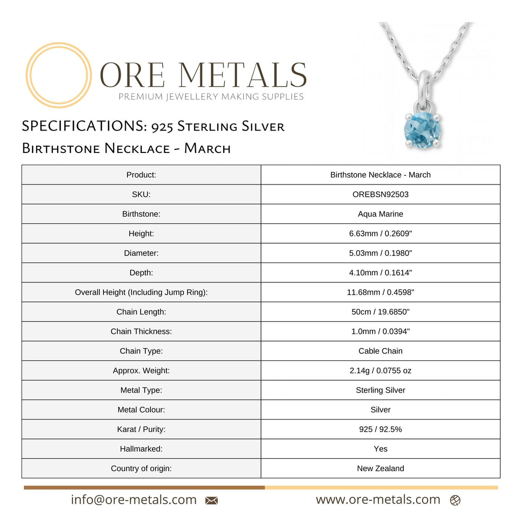 925 Sterling Silver - March Birthstone Necklace | Aquamarine