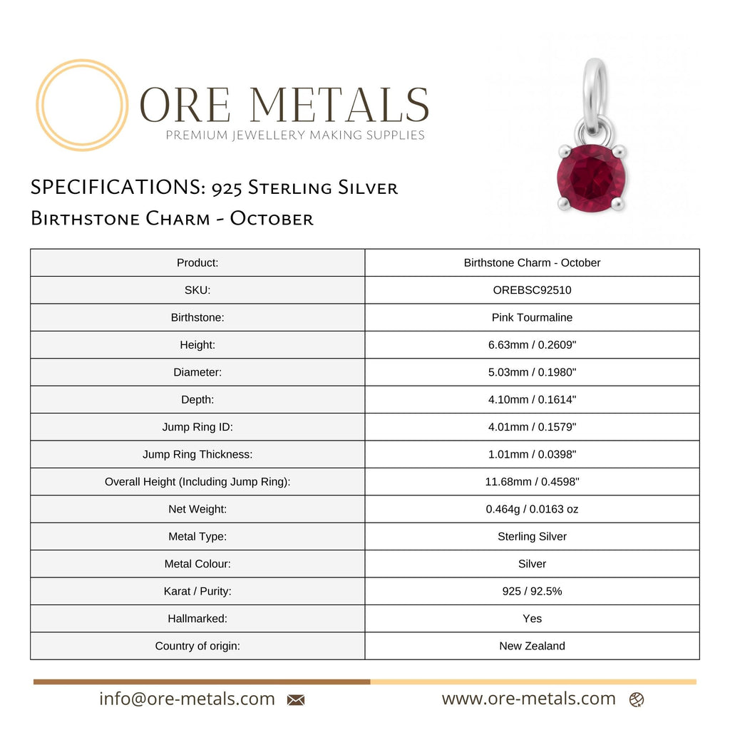 925 Sterling Silver | Pink Tourmaline - October Birthstone Charm