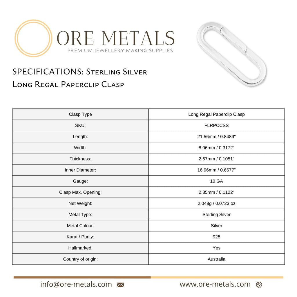 Specifications table for a Sterling Silver Long Regal Paperclip Clasp