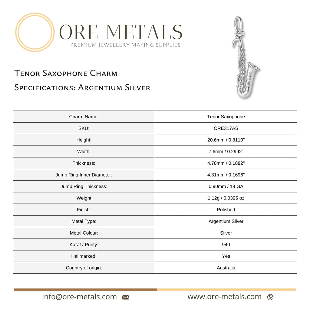 940 Argentium Silver - Tenor Saxophone Charm