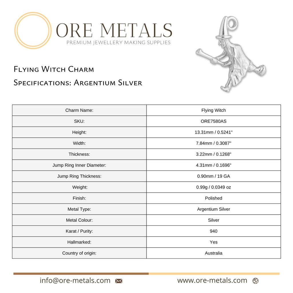 940 Argentium Silver - Flying Witch Charm