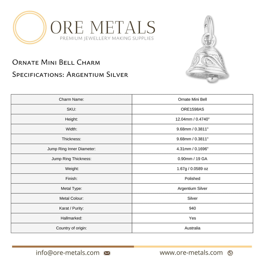 940 Argentium Silver - Ornate Mini Bell Charm