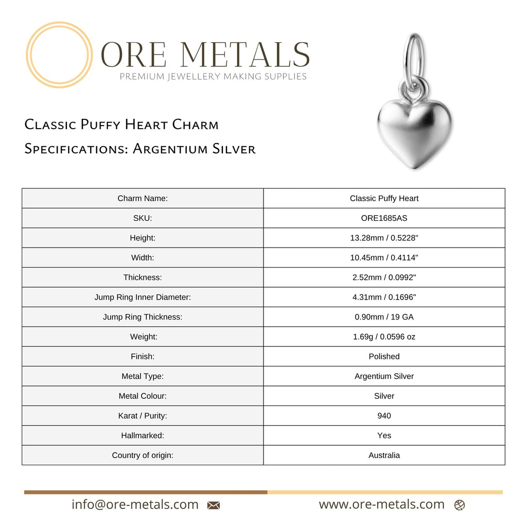 940 Argentium Silver - Classic Puffy Heart Charm
