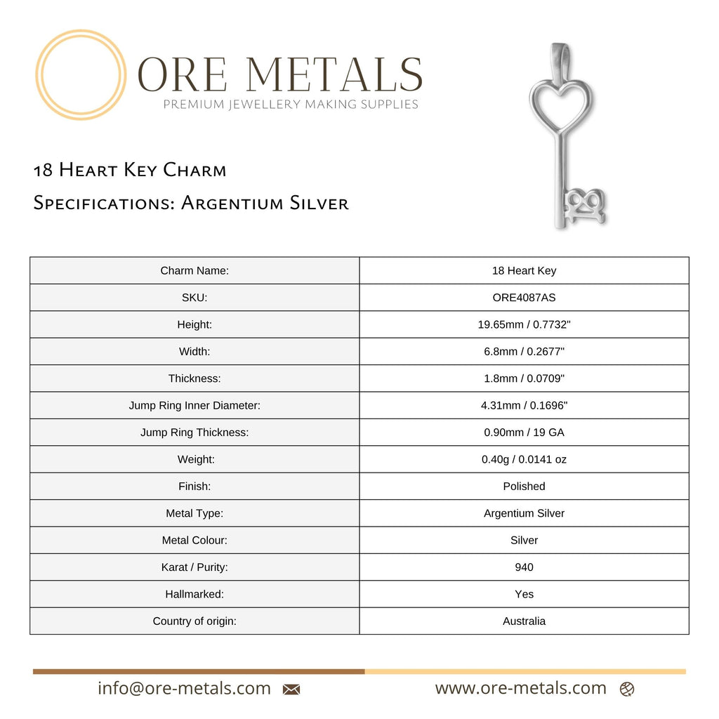 940 Argentium Silver - 18 Heart Key Charm