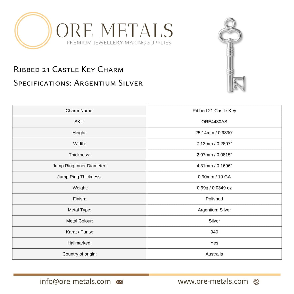 940 Argentium Silver - Ribbed 21 Castle Key Charm