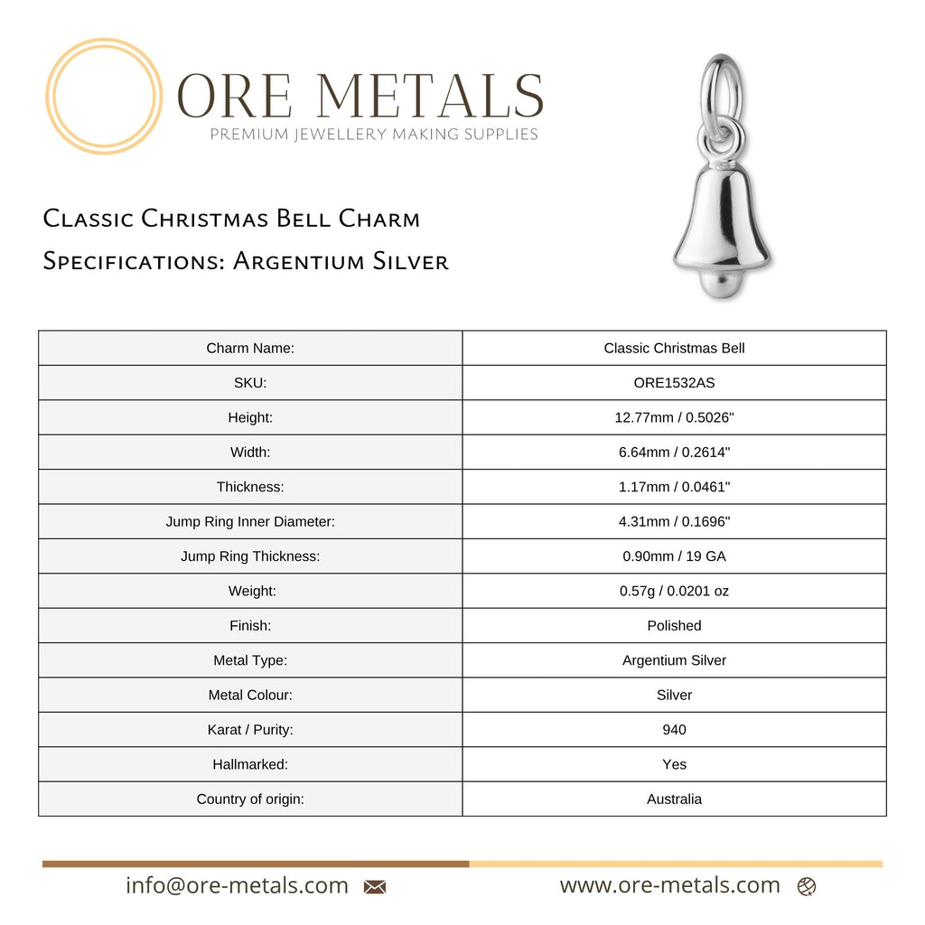 940 Argentium Silver - Classic Christmas Bell Charm