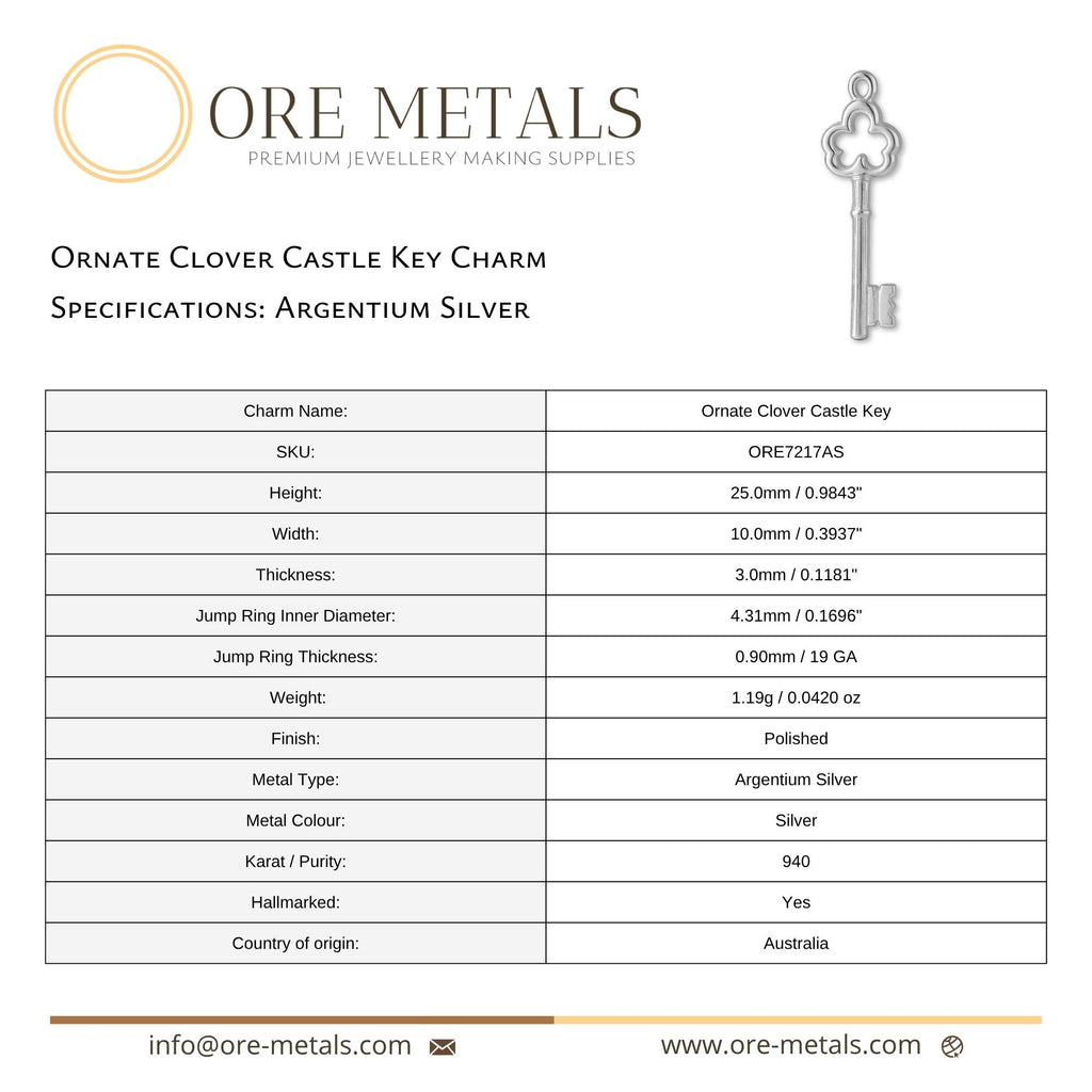 940 Argentium Silver - Ornate Clover Castle Key Charm