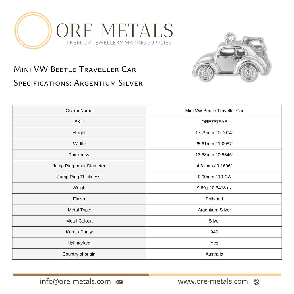 940 Argentium Silver - Mini VW Beetle Traveller Car Charm