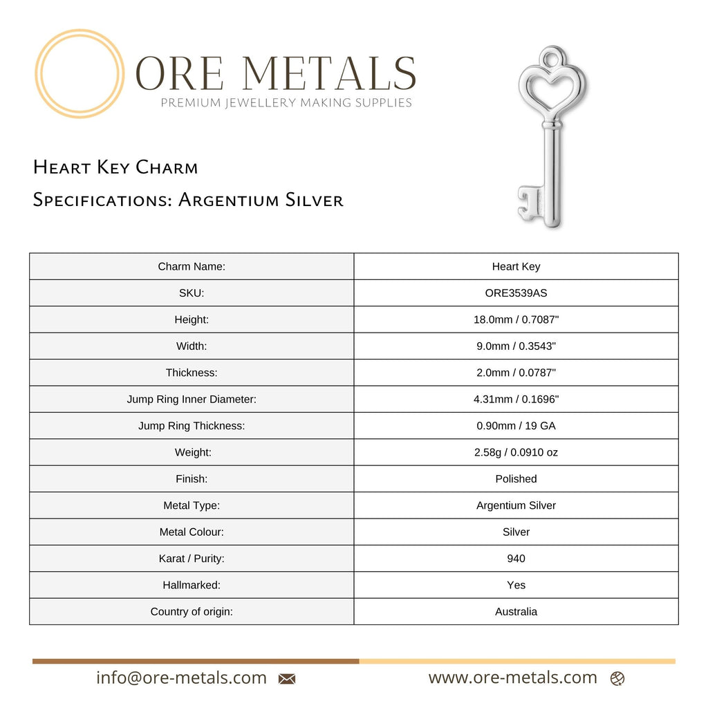 940 Argentium Silver - Heart Key Charm