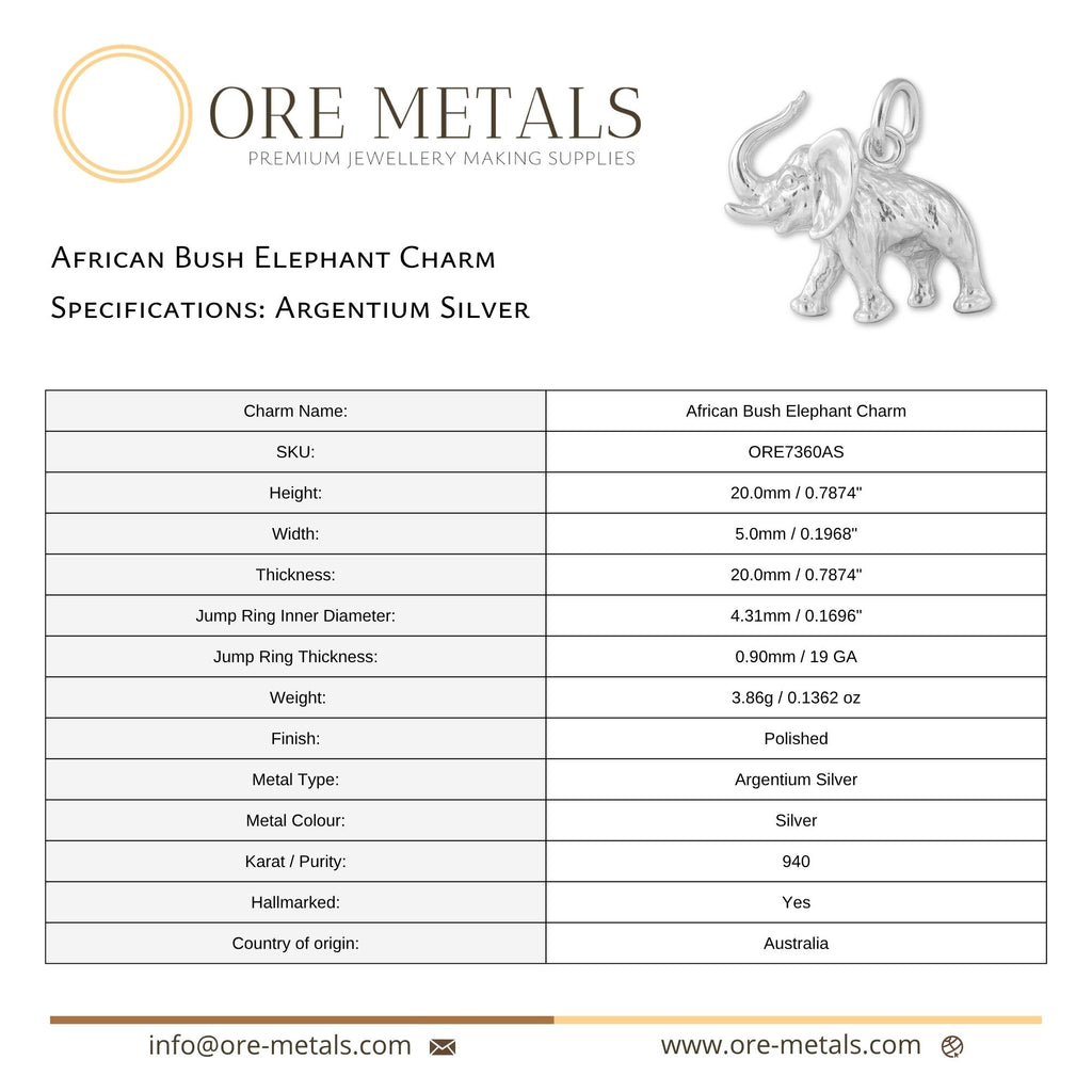940 Argentium Silver - African Bush Elephant Charm